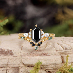 Unique Hexagon Moss Agate & Black Onyx Ring Set 2pcs.