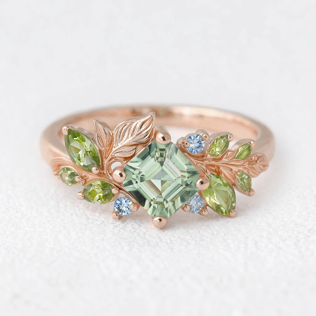 Flora’s Foliage | Mint Green Tourmaline & Birthstone Leaf Engagement Ring.