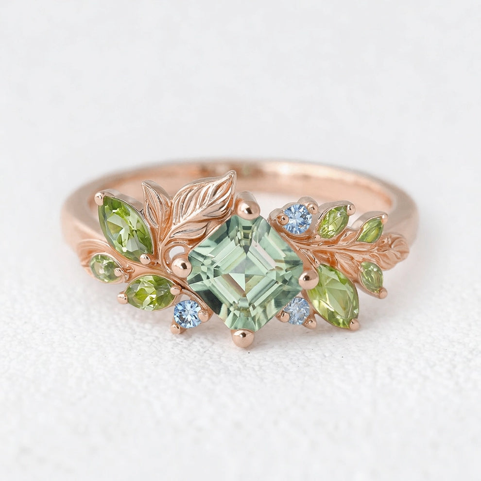Flora’s Foliage | Mint Green Tourmaline & Birthstone Leaf Engagement Ring.