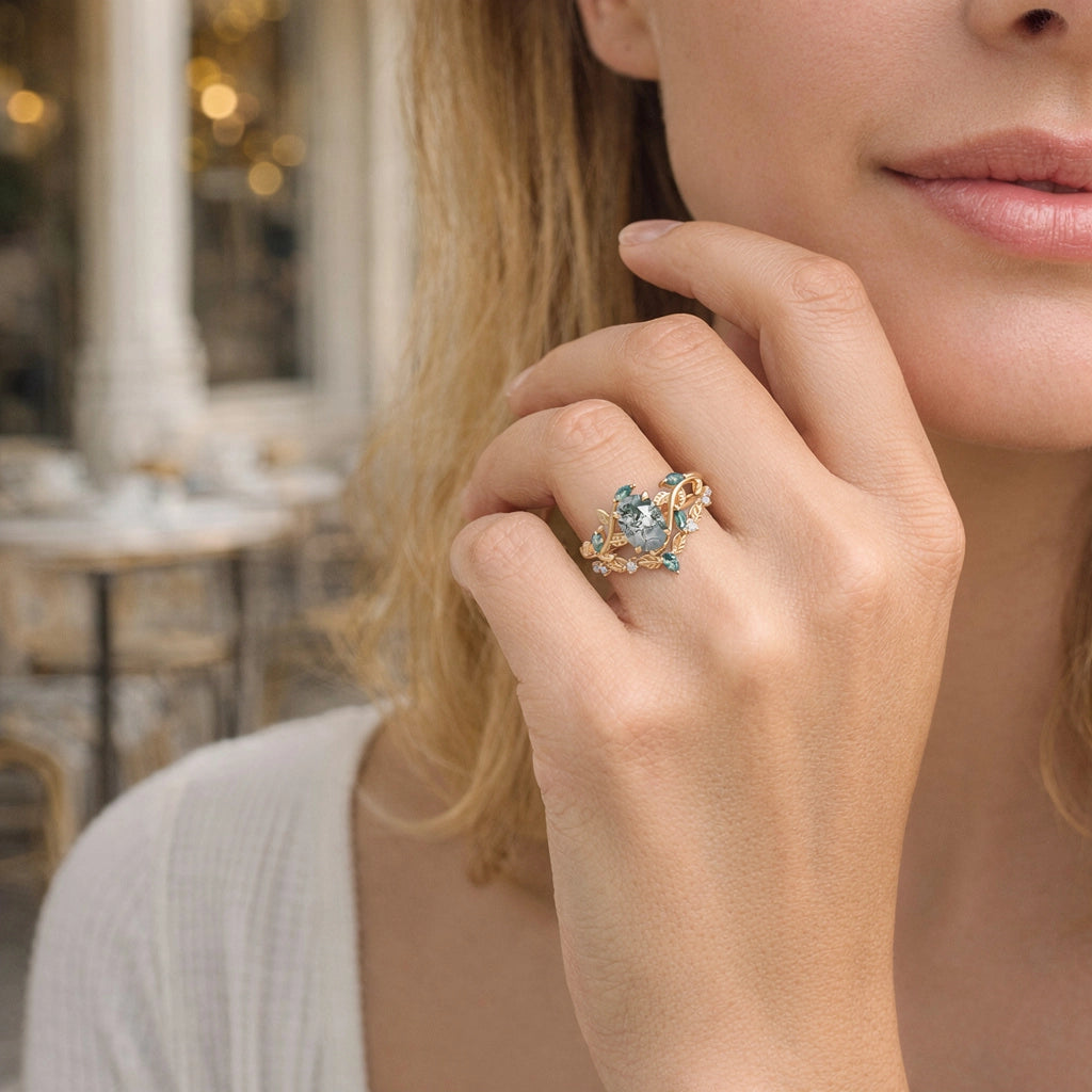 Daphne’s Vine | Oval Moss Agate Engagement Ring Set 2pcs.