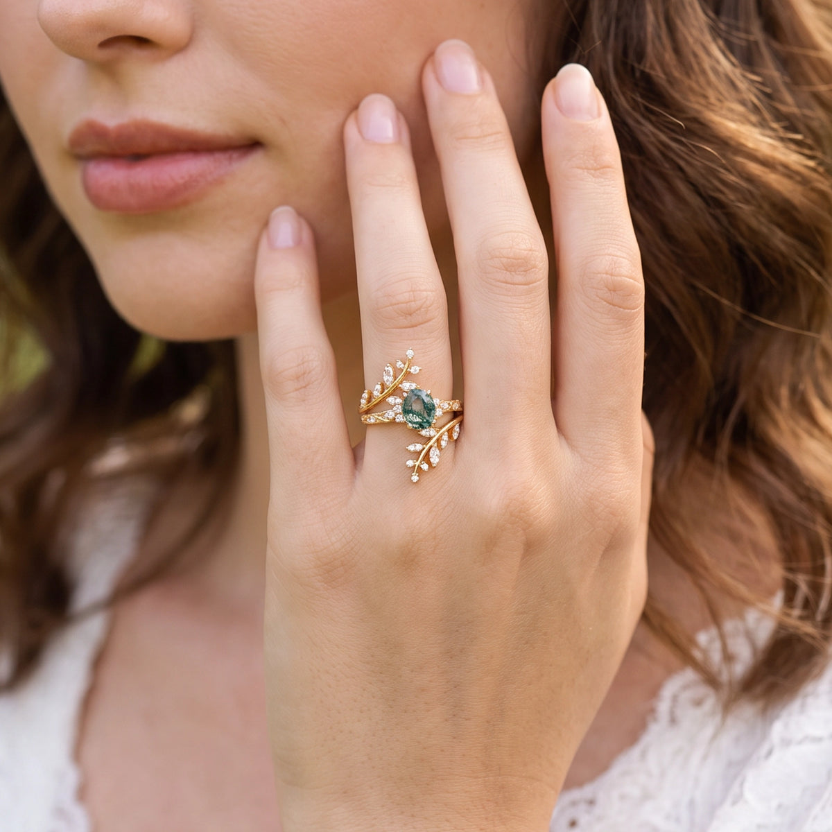 Sylvie’s Thicket | Oval Moss Agate Cluster Leafy Enhancer Bridal Set 2pcs
