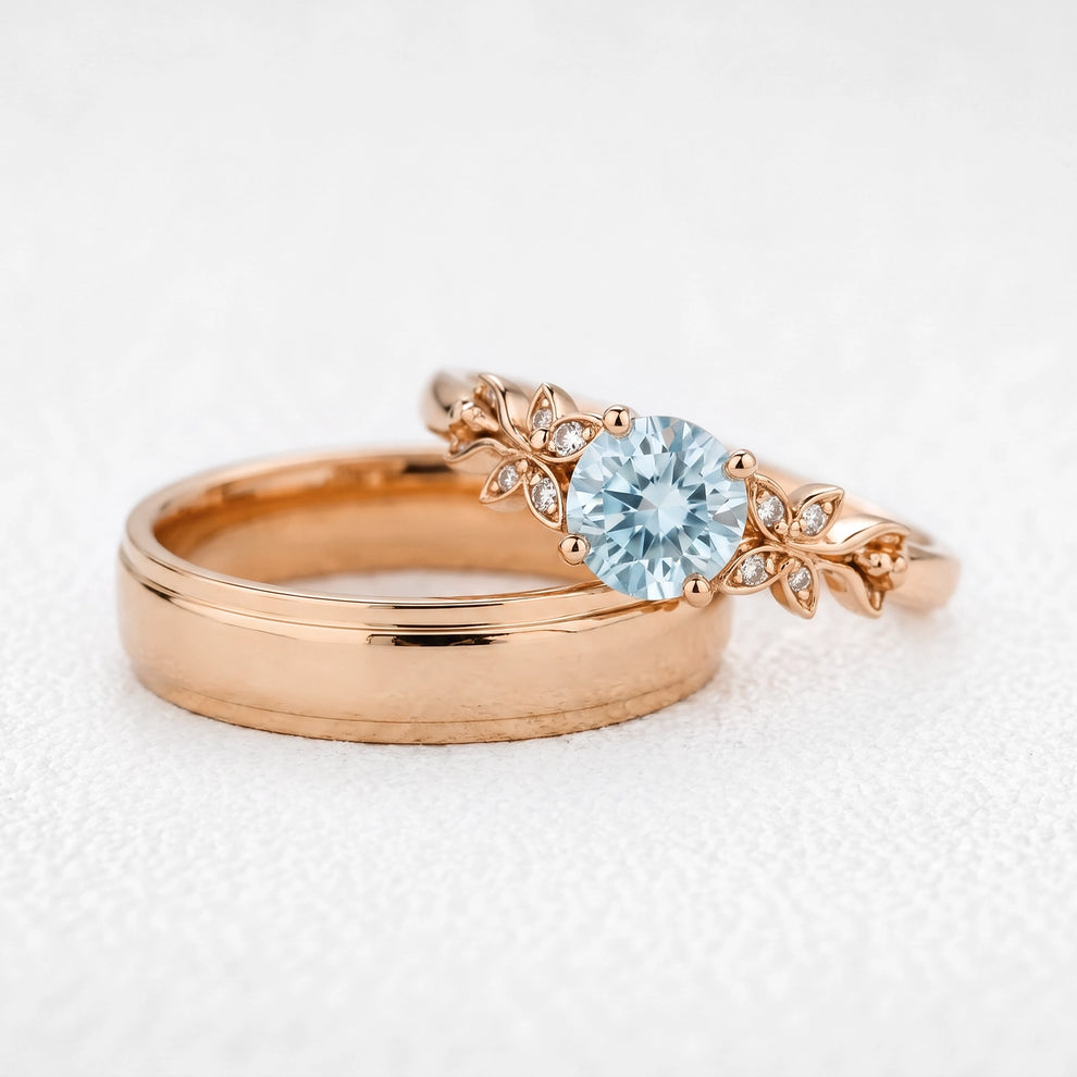 Flora’s Lumina | 1CT Diamond Foliage & Polished Band Wedding Set