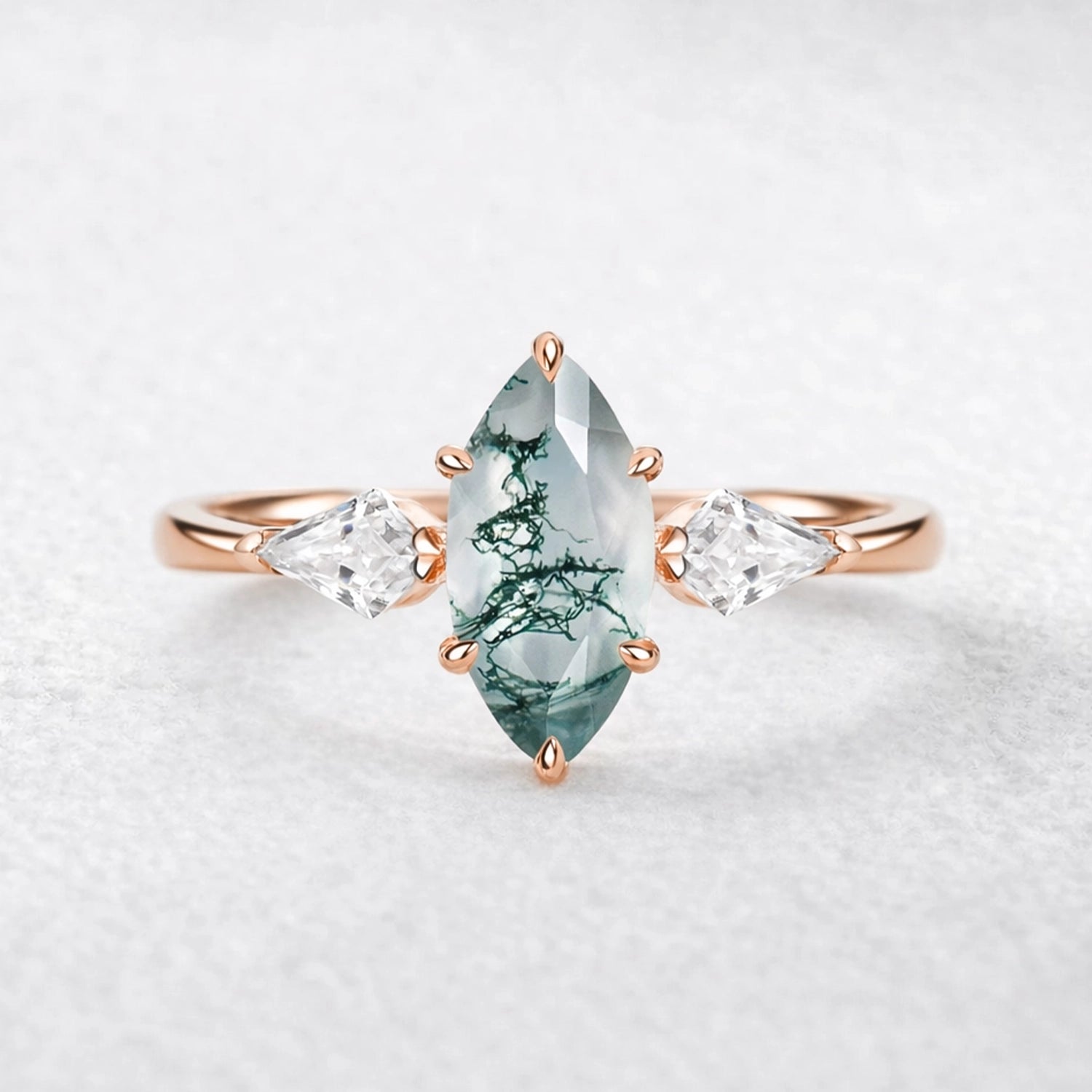 Flora’s Trinity | Minimalist Marquise Cut Moss Agate Three Stone Engagement Ring.