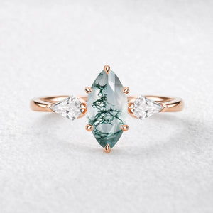 Flora’s Trinity | Minimalist Marquise Cut Moss Agate Three Stone Engagement Ring.