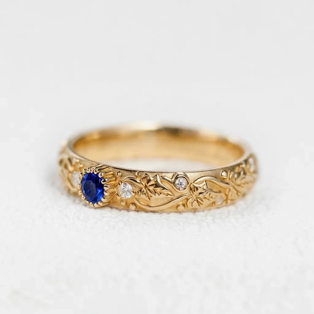 Ivy’s Cove | Blue Sapphire & Diamond Ivy Leaf Wedding Band.