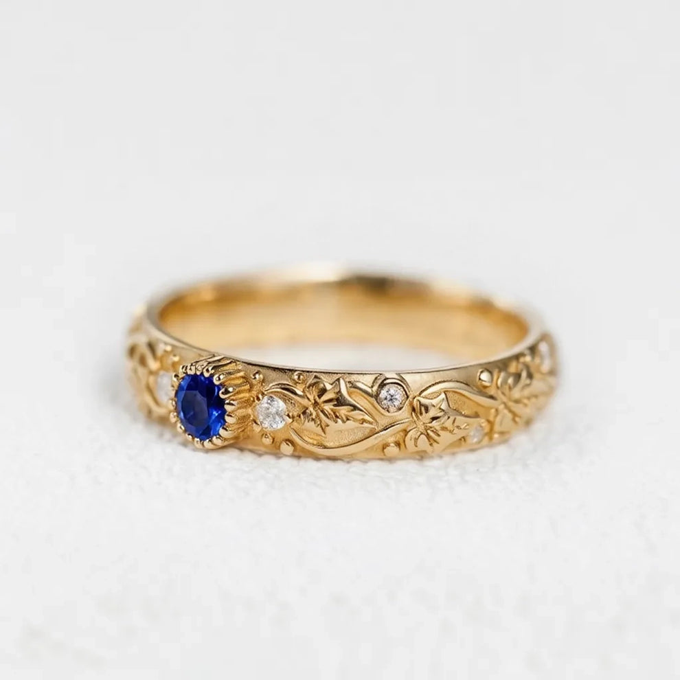 Ivy’s Cove | Blue Sapphire & Diamond Ivy Leaf Wedding Band.