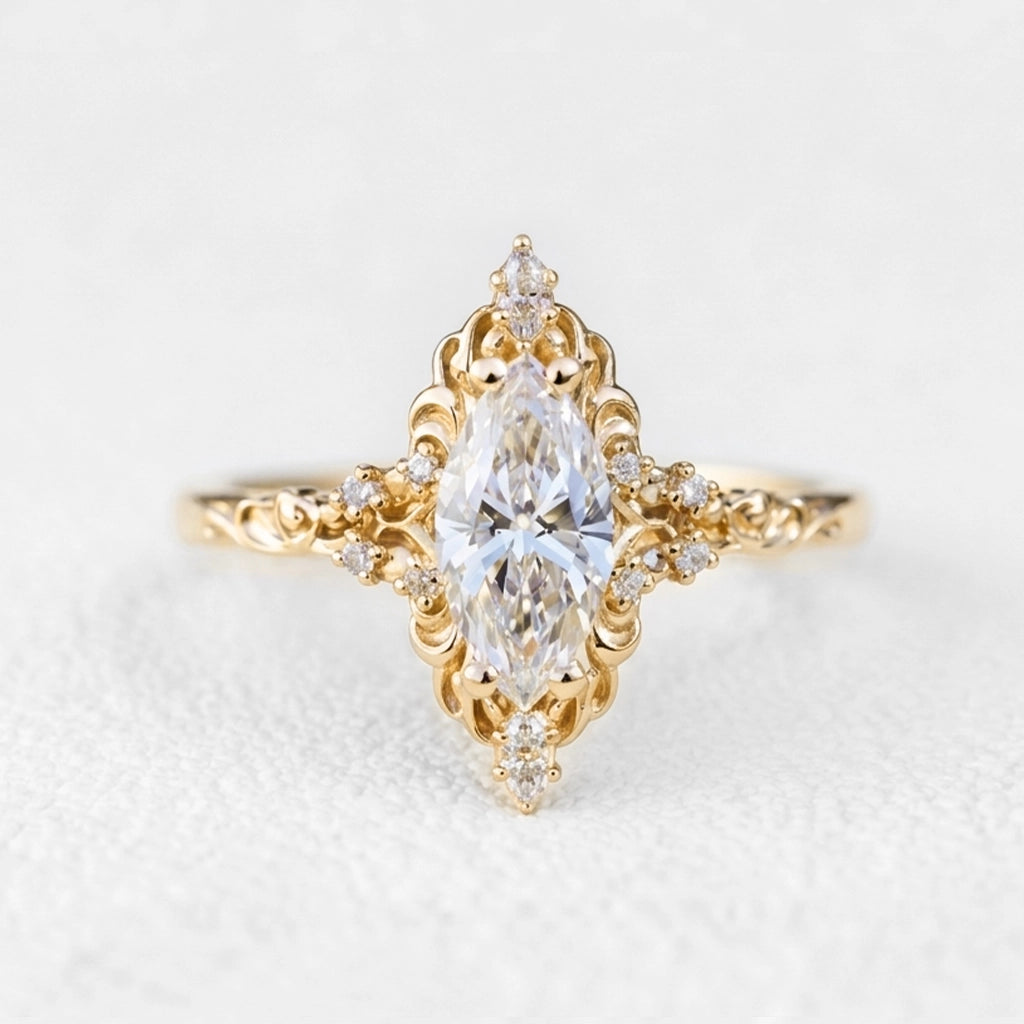 Aurora Swirl | Marquise Diamond Ring with Filigree Setting.