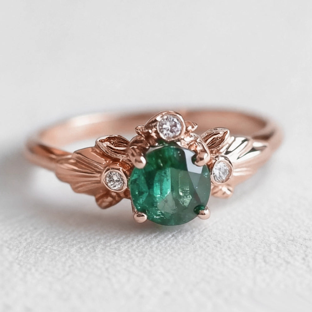 Eve’s Laurel | Natural Emerald Engagement Ring with Diamond Leaf Setting.