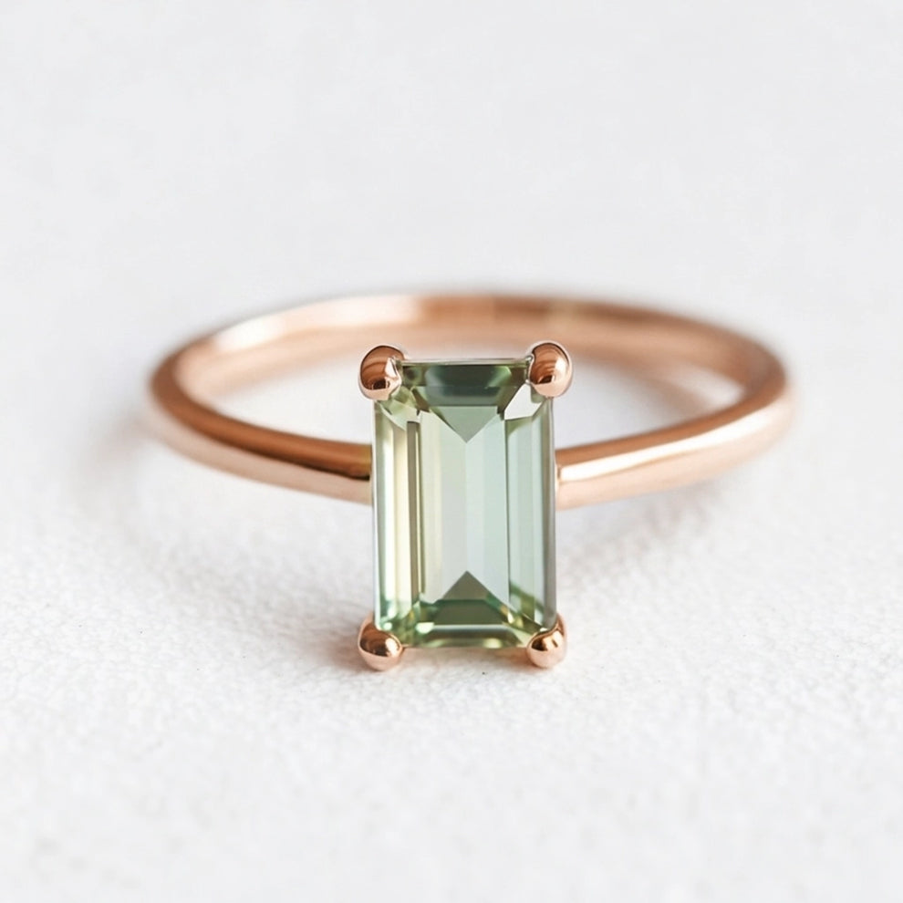 Demeter’s Solace | Emerald Cut Green Tourmaline Solitaire Engagement Ring.