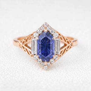 Ariadne’s Diadem | Hexagon Fantasy-Cut Cornflower Sapphire Ajouré Engagement Ring