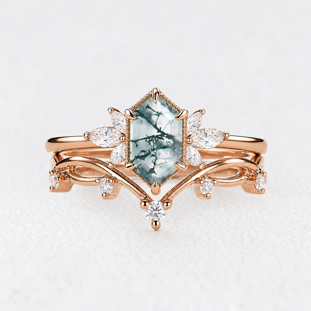 Alexandra’s Heritage | Hexagon Moss Agate & Moissanite Vintage Bridal Duo