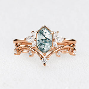 Alexandra’s Heritage | Hexagon Moss Agate & Moissanite Vintage Bridal Duo