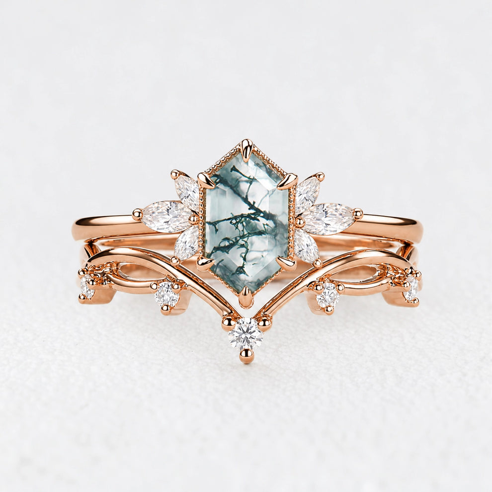 Alexandra’s Heritage | Hexagon Moss Agate & Moissanite Vintage Bridal Duo