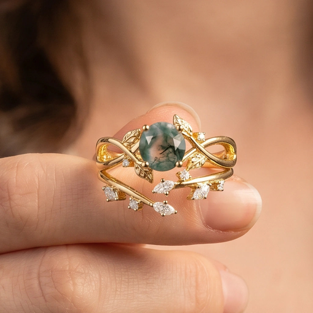 Cordelia Round Cut Moss Agate Leafy Infinity Bridal Set 2pcs.