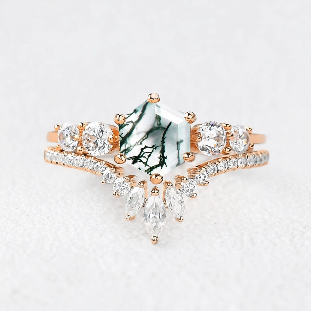 Genevieve’s Imprint | Hexagon Cut Moss Agate Cluster Bridal Duo