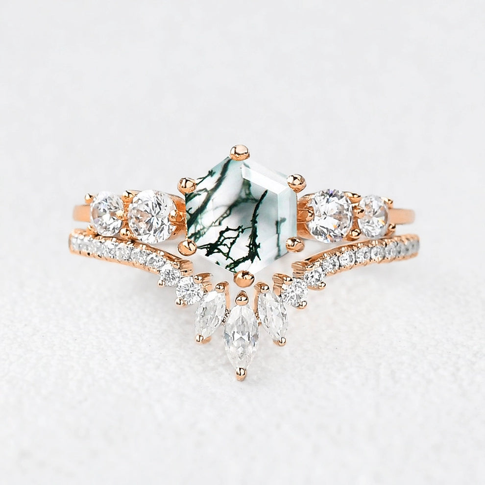 Genevieve’s Imprint | Hexagon Cut Moss Agate Cluster Bridal Duo
