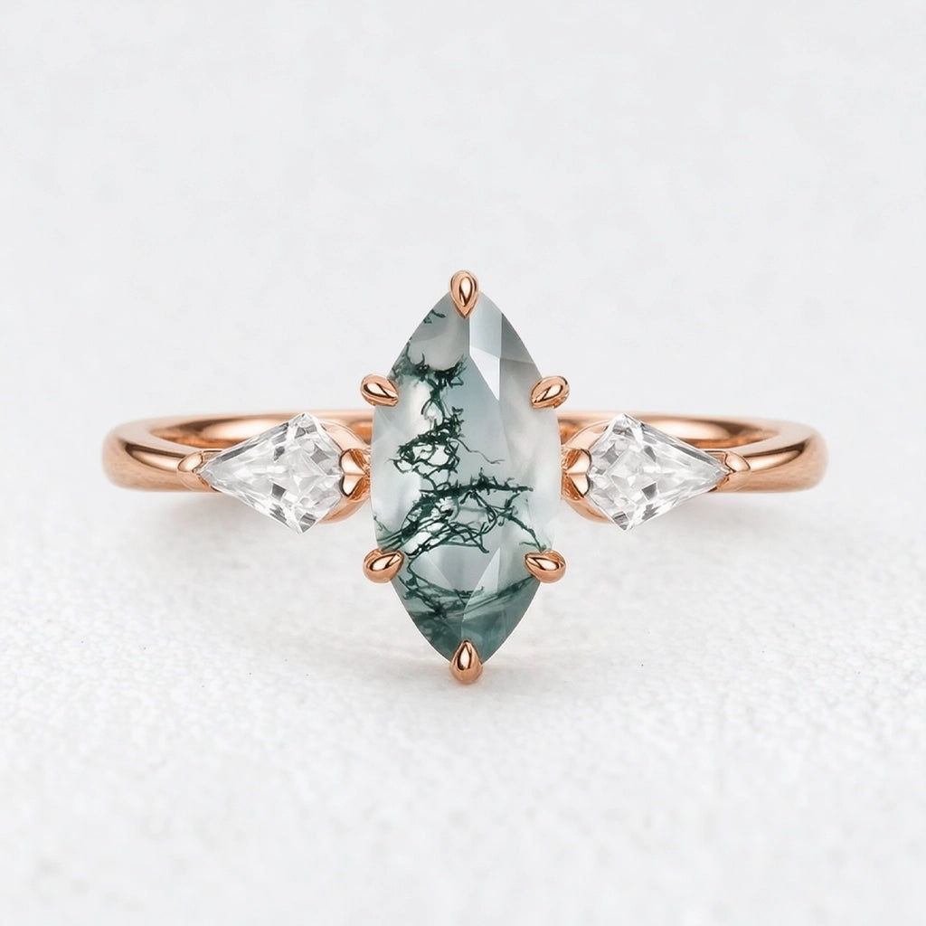 Flora’s Trinity | Minimalist Marquise Cut Moss Agate Three Stone Engagement Ring