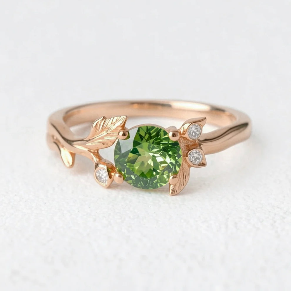Lumière’s Verde | Round Cut Peridot Vine Engagement Ring