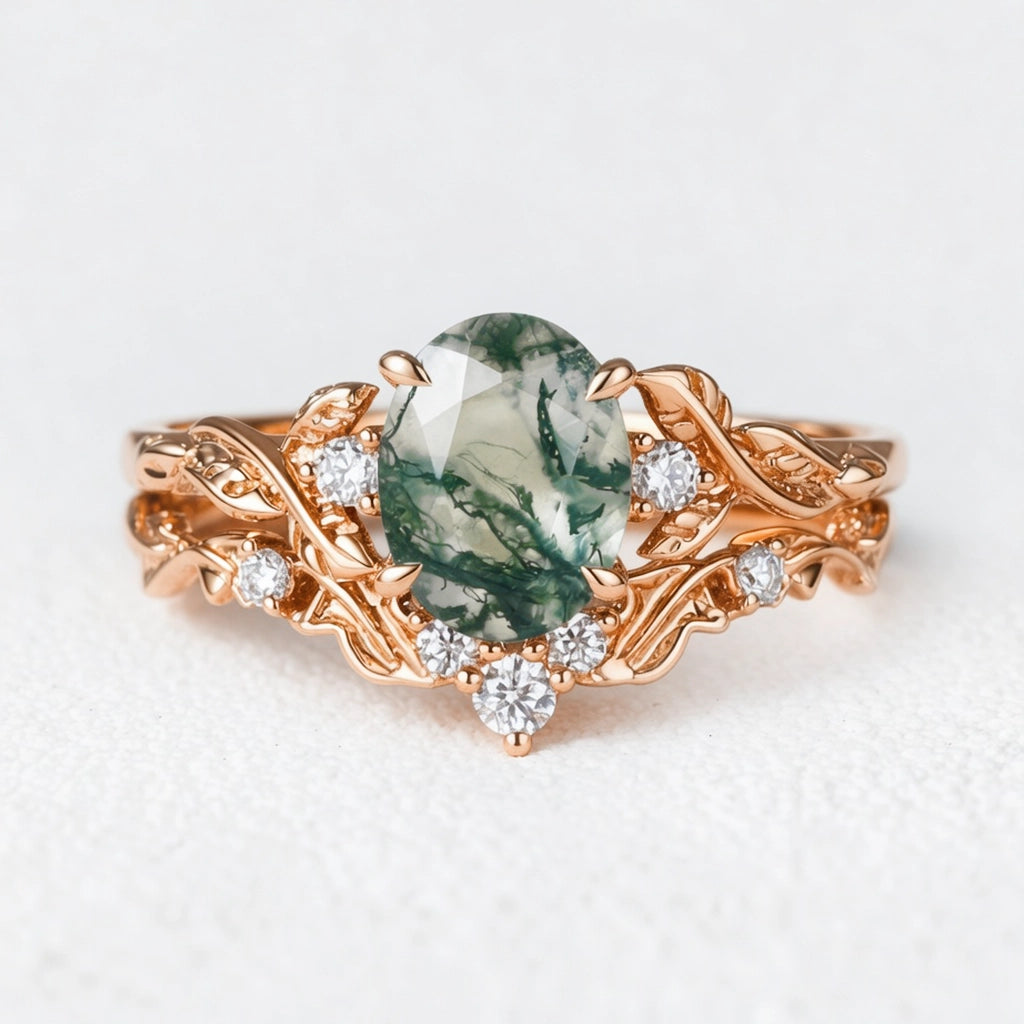 Rosalind’s Arbor | Oval Cut Moss Agate Leaf Branch Bridal Set 2pcs