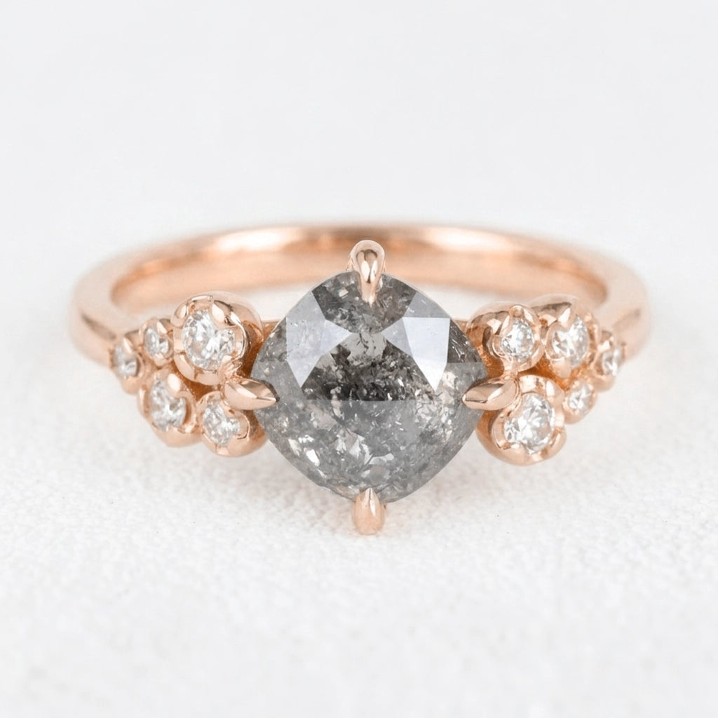 Astrid’s Stardust | 1.5CT Cushion Salt & Pepper Diamond Blossom Engagement Ring