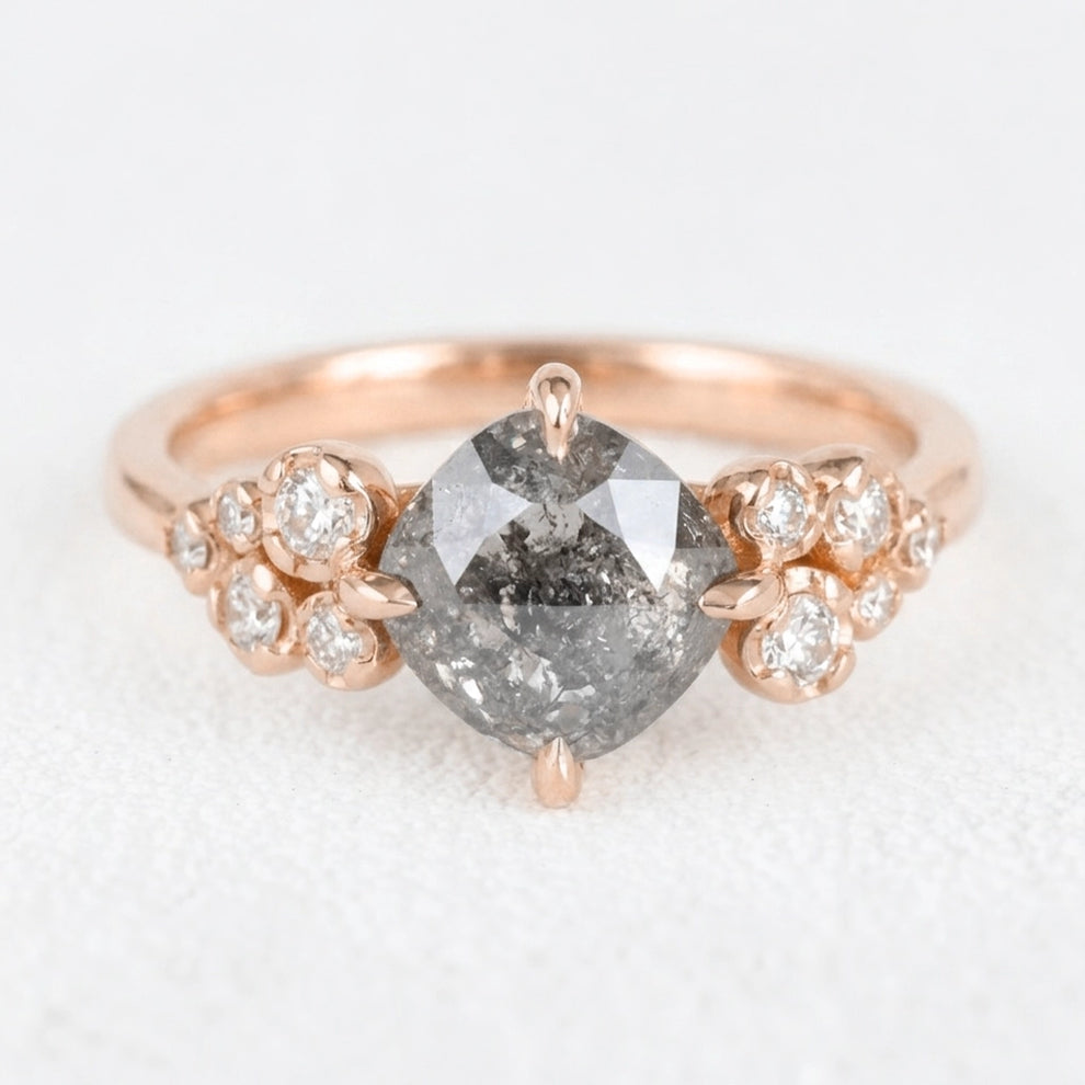 Astrid’s Stardust | 1.5CT Cushion Salt & Pepper Diamond Blossom Engagement Ring