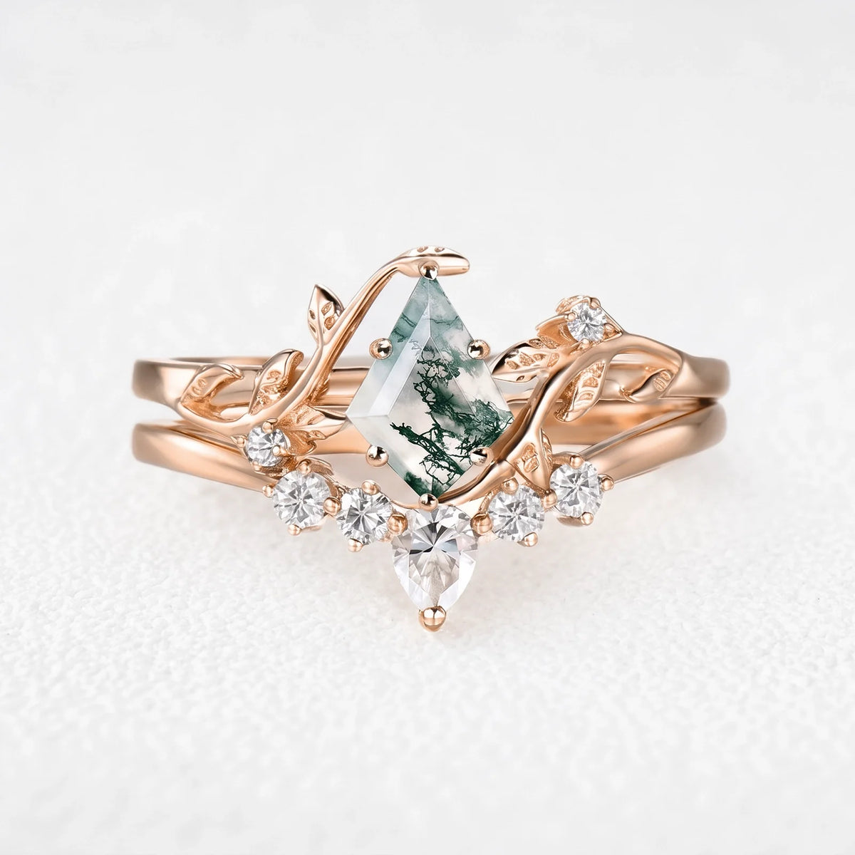 Linnea’s Umbra | Kite Cut Moss Agate Foliage Black Gold Bridal Duo