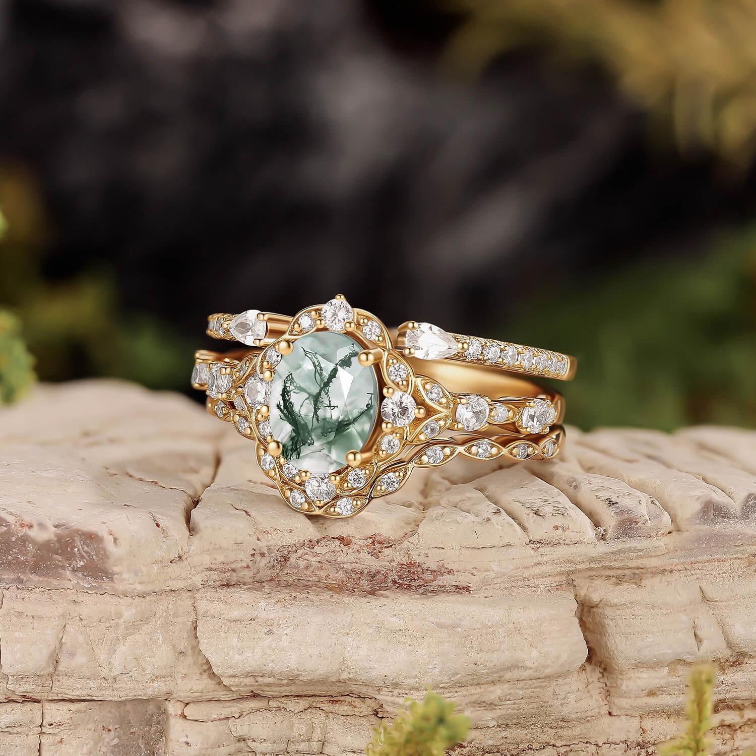 Unique Oval Cut Moss Agate Cluster Engagement Ring Set 3pcs.