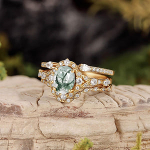 Unique Oval Cut Moss Agate Cluster Engagement Ring Set 3pcs.