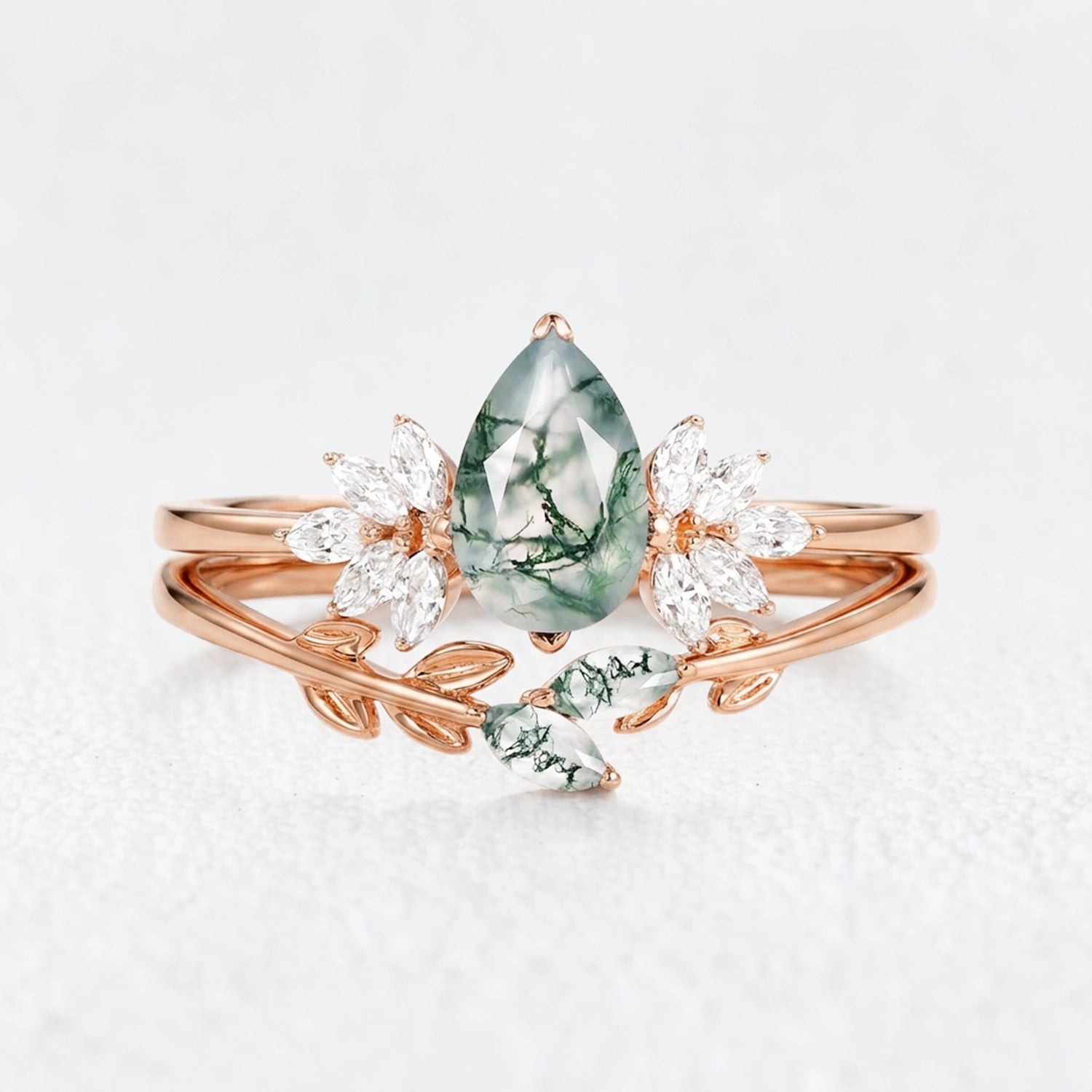 Daphne’s Verdure | Pear Cut Moss Agate Foliage Bridal Duo