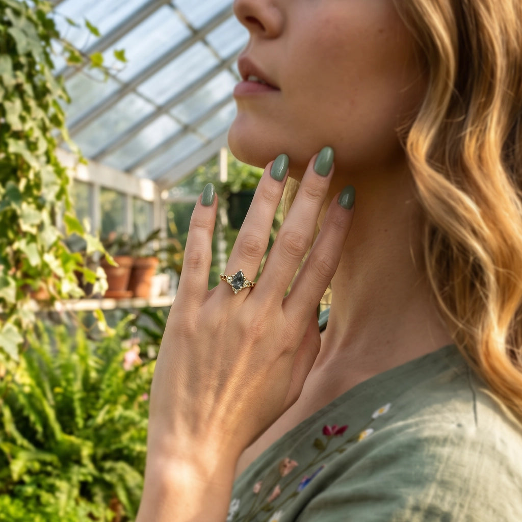 Katriel Pear Cut Lab Moss Agate Oak Leaf Engagement Ring