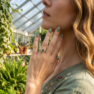 Katriel Pear Cut Lab Moss Agate Oak Leaf Engagement Ring