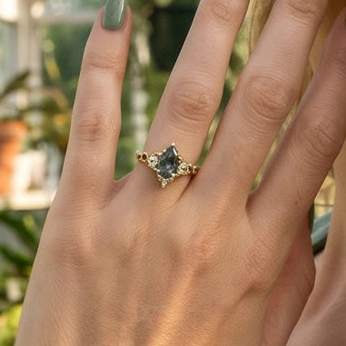 Katriel Pear Cut Lab Moss Agate Oak Leaf Engagement Ring.
