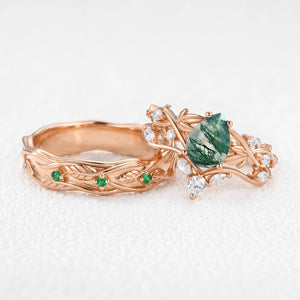 Sylvie’s Laurel | Pear-Cut Moss Agate Foliage Couple Ring Set 3pcs