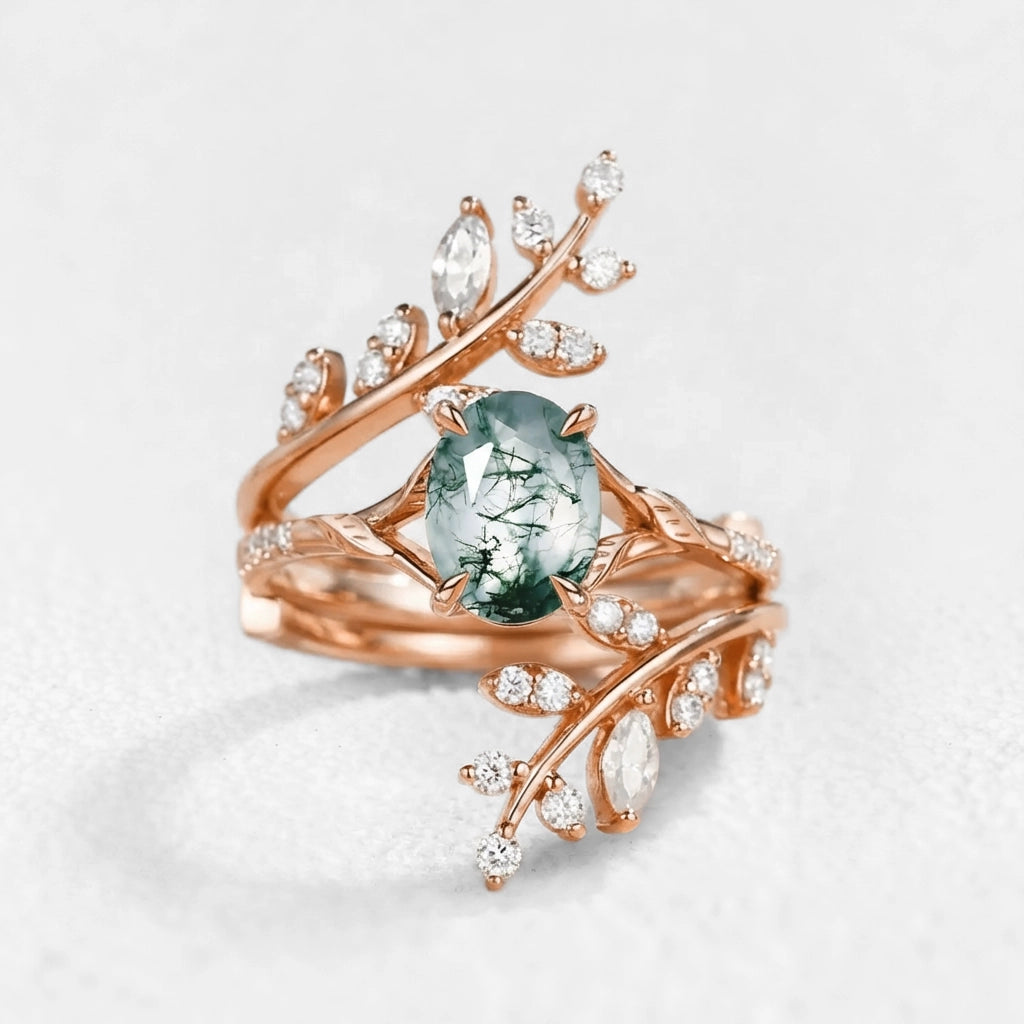 Daphne’s Wreath | Oval Moss Agate Cluster Enhancer Bridal Set 2pcs.