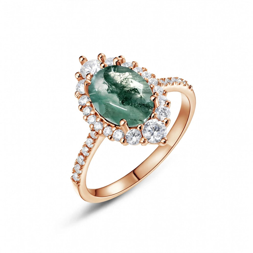 Sylvie’s Dew | Oval Moss Agate Engagement Ring with Diamond Halo & Band Accents.