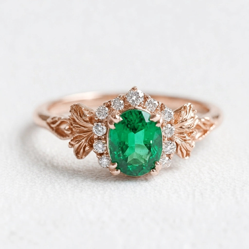 Isolde’s Halo | Rectangular Natural Emerald Engagement Ring with Diamond Halo.