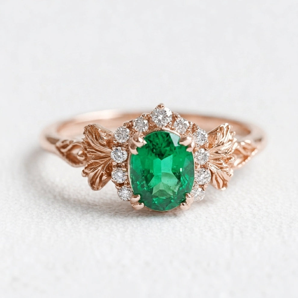 Isolde’s Halo | Rectangular Natural Emerald Engagement Ring with Diamond Halo.