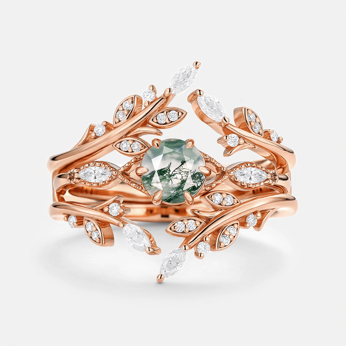 Zinnia’s Thicket | Round Cut Moss Agate Leafy Cage Bridal Set 2pcs.