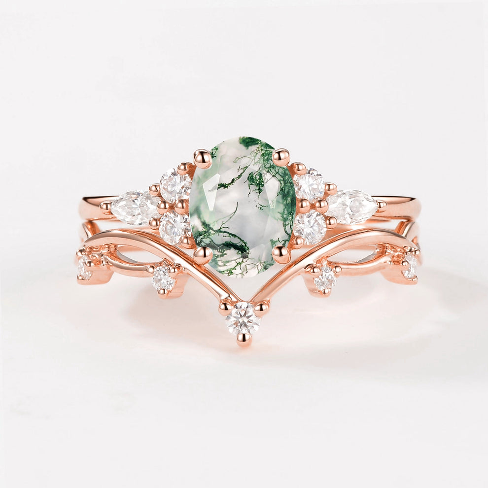 Ona Oval Cut Moss Agate Vintage Gold Ring Set 2pcs.