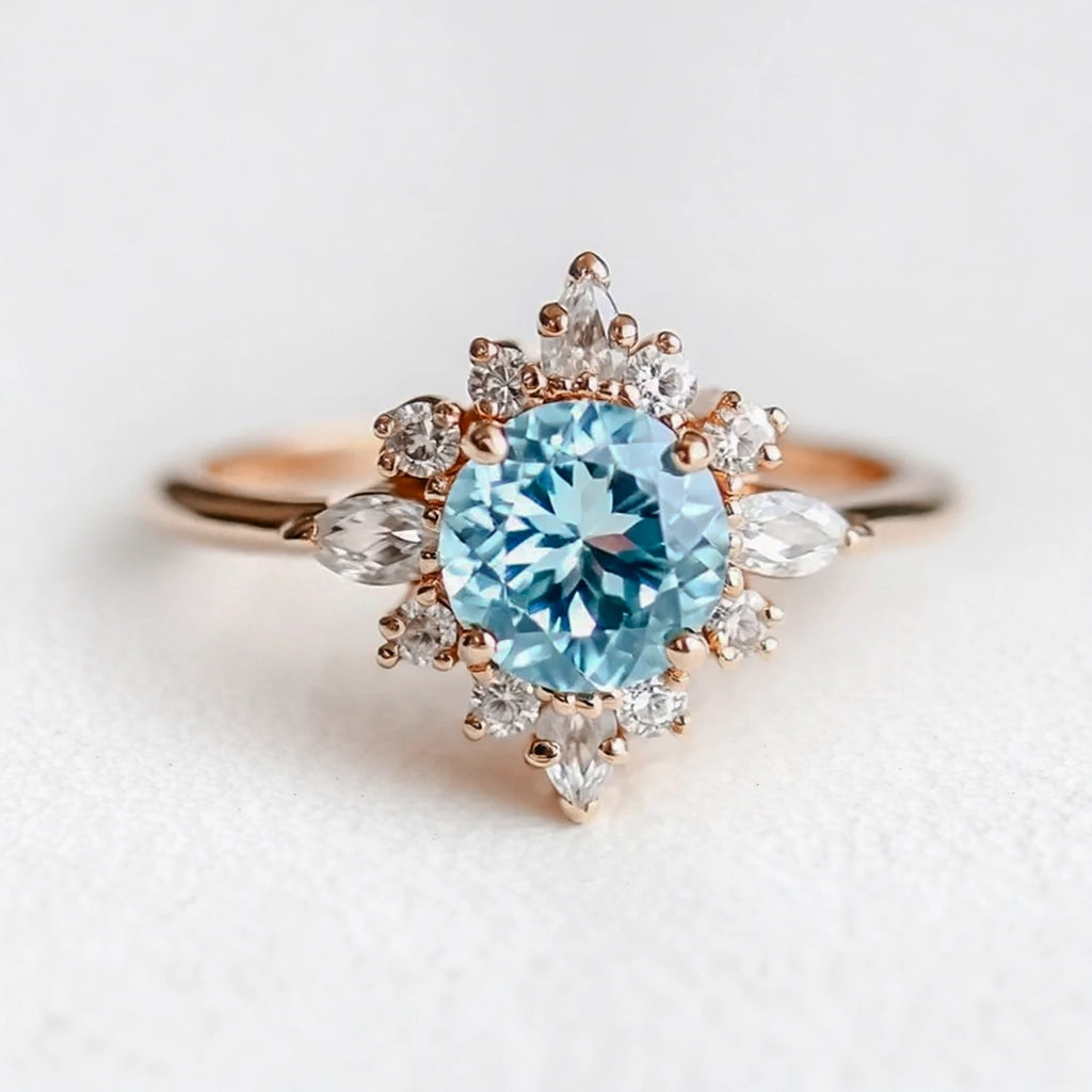 Marina's Swell | Round Cut Aquamarine Halo Engagement Ring.