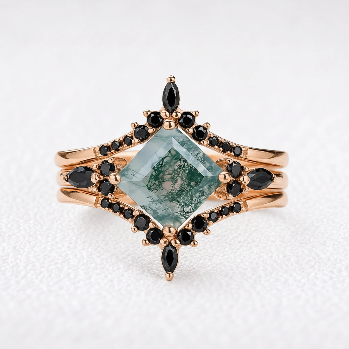 Sylvie’s Wildwood | Square Moss Agate & Onyx Double Chevron Trio Bridal Set