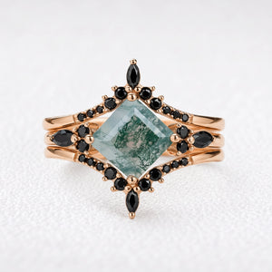 Sylvie’s Wildwood | Square Moss Agate & Onyx Double Chevron Trio Bridal Set