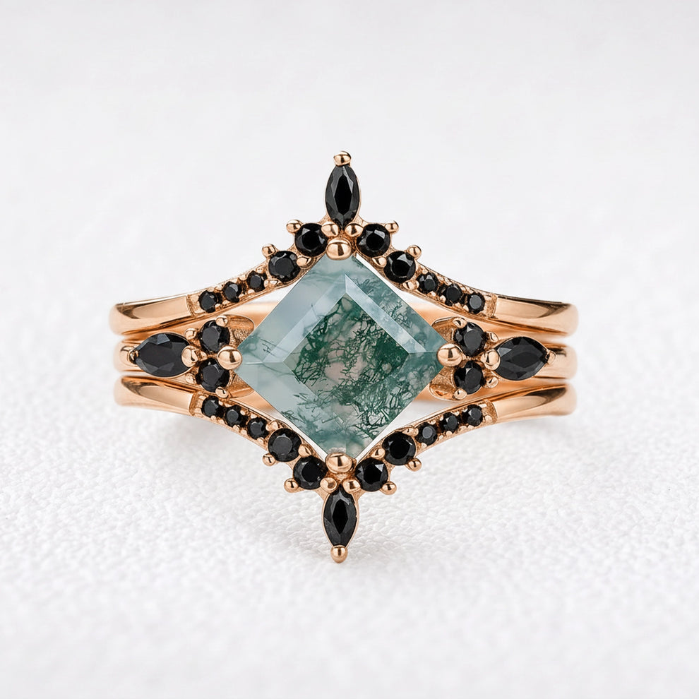 Sylvie’s Wildwood | Square Moss Agate & Onyx Double Chevron Trio Bridal Set