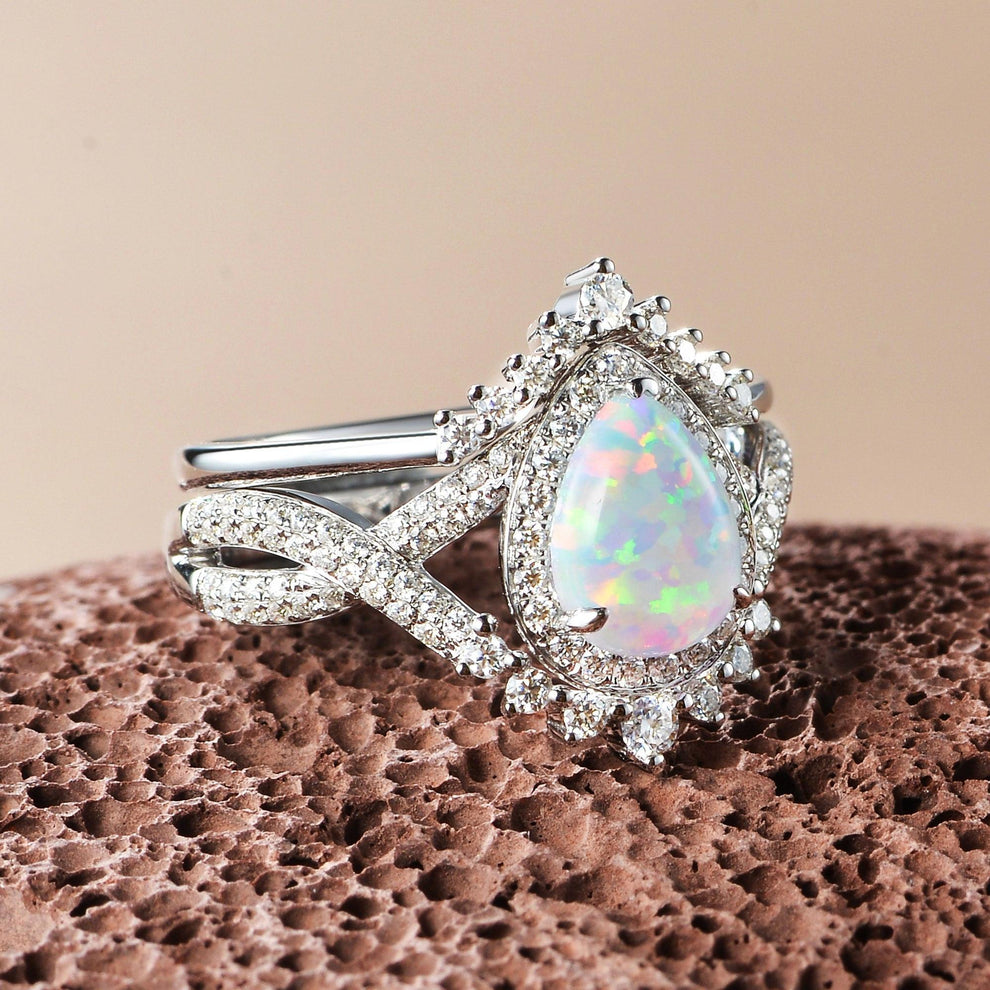 Valentina’s Eternity | Pear Moss Agate Halo Infinity Bridal Set 2pcs.