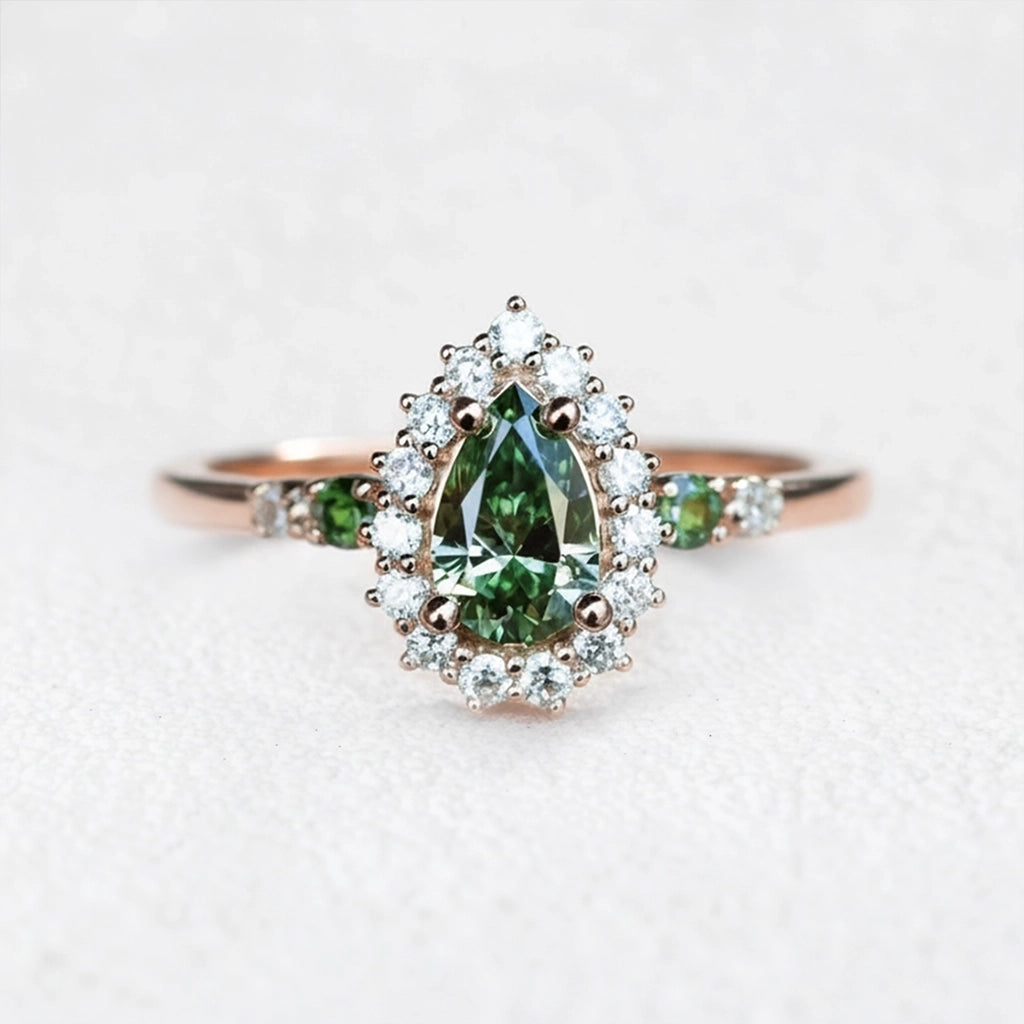 Stella's Mint | Classic Pear Cut Green Diamond Engagement Ring.