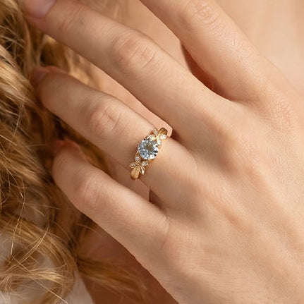 Marina’s Foliage | Round Blue Aquamarine Leafy Engagement Ring