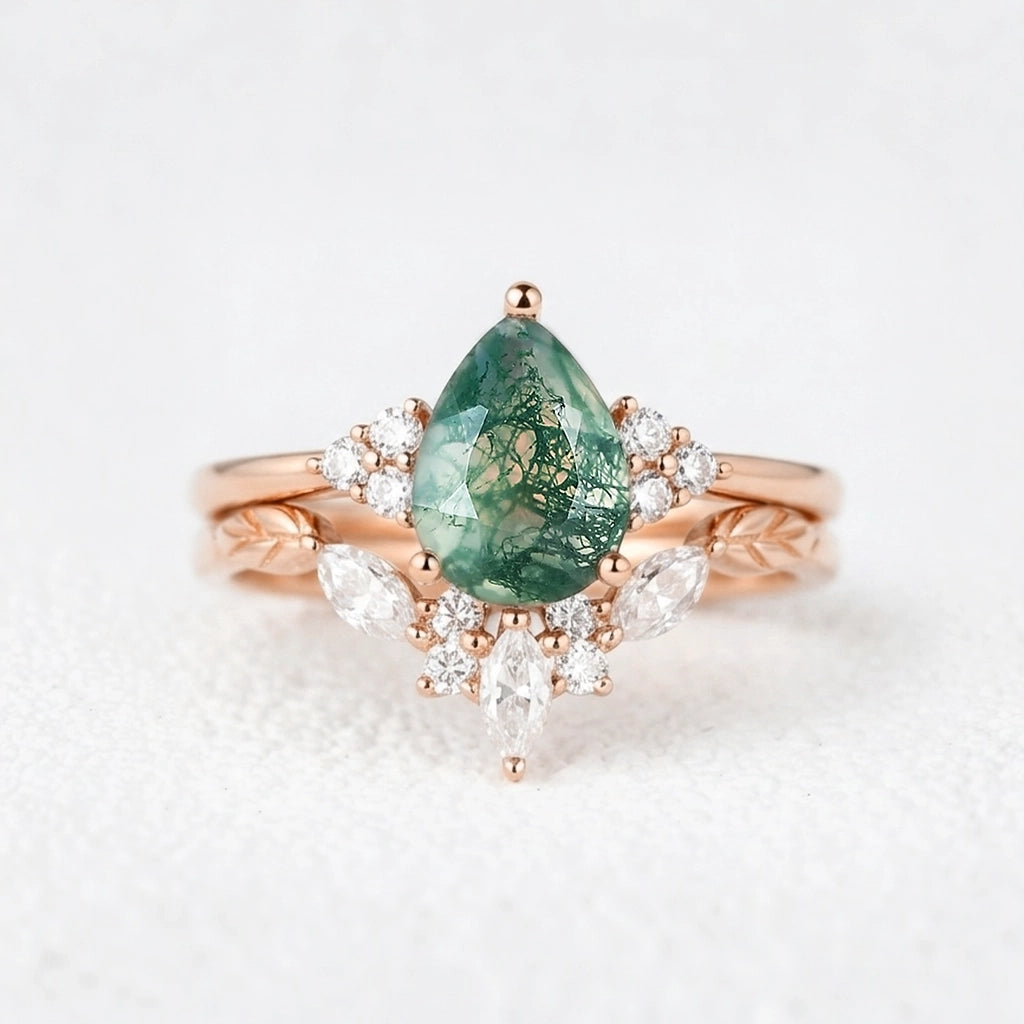 Clarissa Unique Moss Agate Engagement Ring Set 2pcs.