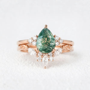 Clarissa Unique Moss Agate Engagement Ring Set 2pcs.