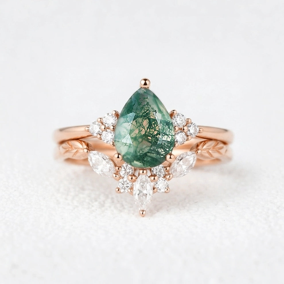 Clarissa Unique Moss Agate Engagement Ring Set 2pcs.