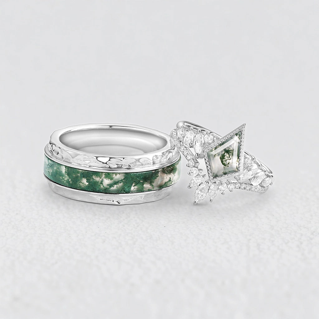 Sylvie’s Cluster | Kite Cut Moss Agate Engagement Couple Ring Set 3pcs.